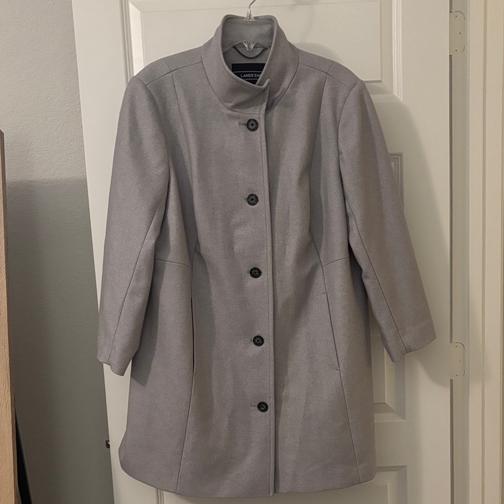 Lands' End Gray Fit & Flare Long Wool Pea Coat SZ 16WP plus size funnel neck